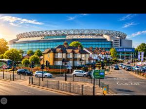 a building with a stadium in the background with cars parked at Twickenham Guest House in Twickenham