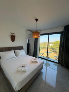 a bedroom with a large bed with a large window at Vasilia Cove Boutique Hotel in Nicosia
