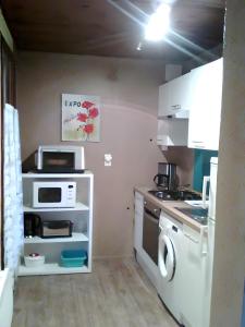 a small kitchen with a stove and a microwave at Gite des Carcis in Ganac