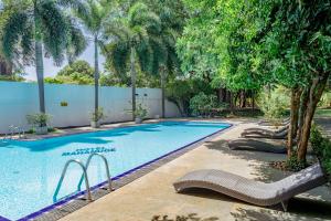 a swimming pool with palm trees next to a fence at Roy's Polonnaruwa in Polonnaruwa
