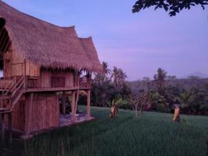 a house with a grass roof in a field at Aska Bamboo House in Tampaksiring