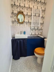 a bathroom with a blue sink and a toilet at Highlands in Pinchbeck