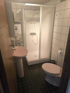 a bathroom with a shower and a toilet and a sink at Furustudio in Arendal
