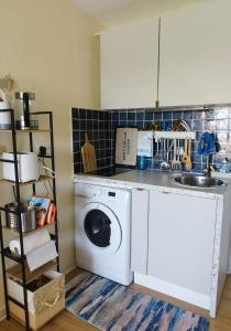 a kitchen with a washing machine and a sink at La Terrasse des Voiliers in Frontignan