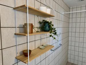 a bathroom with wooden shelves on the wall at Hostel Agger Vandrerhjem in Agger +176 photos