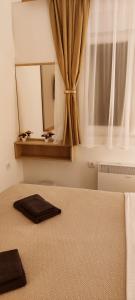 a bedroom with a bed with a mirror and a window at Emperus Taša spa apartman in Veliko Gradište +5 photos