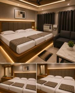 two pictures of a bedroom with two beds and a couch at Hotel Embassy in Saharsa
