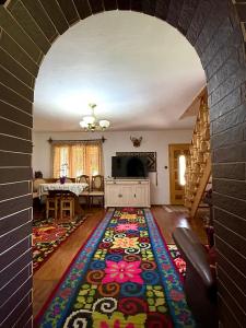 an archway into a living room with a colorful rug at Casa hoinarului in Borca