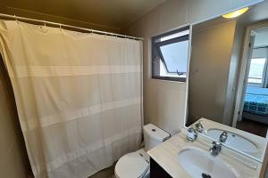 a bathroom with a sink and a toilet and a shower at Departamento en Calama in Calama