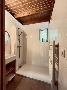 a bathroom with a shower and a sink at Beautiful wood house and view in Audierne