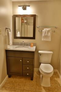 a bathroom with a toilet and a sink with a mirror at NASWA Resort in Laconia