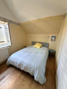 a bedroom with a bed with a yellow pillow on it at Gite d'Aimelles in Billezois