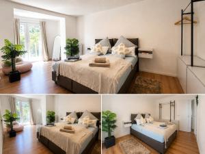 two pictures of a bedroom with two beds at EDA di Lago, 2-Zimmer Wohnung, Kostenfreies Parken, 24h Check-IN in Reichenau +1 photo