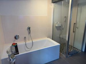 a bathroom with a bath tub and a shower at Ferienwohnung Sonnentau 1 in Holzminden +25 photos
