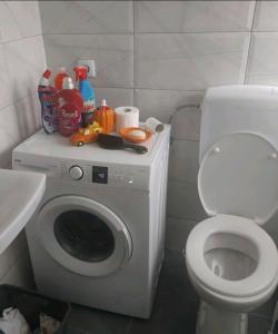 a bathroom with a washing machine and a toilet at Apartman Trifko in Pale