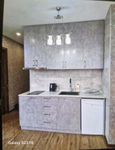 a kitchen with silver cabinets and a sink at Archil in Batumi International Airport