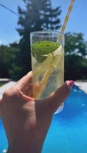 a hand holding a drink with a green leaf at OAZA Miokus in Miokus