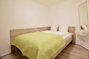 ブダペストにあるStandard Apartment by Hi5 - Teréz 35のベッドルーム1室(ベッド1台、緑の毛布付)