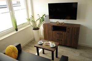 a living room with a tv and a coffee table at BSApartament in Piwniczna-Zdrój