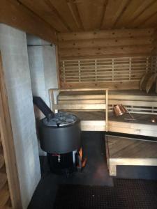 an inside view of a stove in a cabin at Saimaanranta mökki in Kokkoniemi