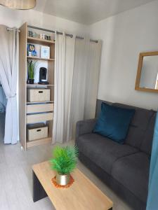 a living room with a couch and a table at Notre location au Barcarès in Le Barcarès