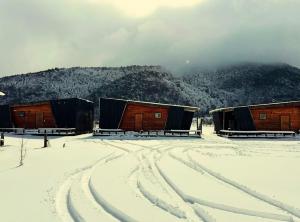 a group of buildings in the snow with a mountain at La Alea Malalcahuello in Malalcahuello