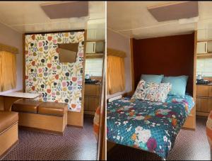 two pictures of a bedroom with a bed and a mirror at Venez Dormir chez Nous Dans Les BaRoNNieS ! Dans notre Caravane CARavelaiR 1979 in Labastide