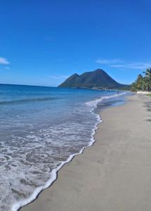 a beach with the ocean and mountains in the background at Villa creole in Le Diamant