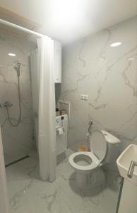 a white bathroom with a toilet and a shower at VracarHouse in Vračar (historical) +4 photos
