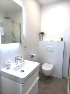 a white bathroom with a sink and a toilet at Apartmány Kvetná in Rajecké Teplice +9 photos