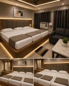 two pictures of a bedroom with two beds and a couch at Hotel Embassy in Saharsa