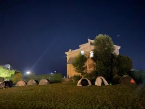 a group of tents in the grass in front of a building at Camping Sandalandia in Vama Veche