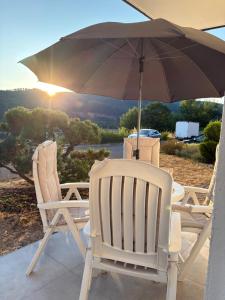 two chairs and an umbrella on a patio at Ferienwohnung Freudenberg in Freudenberg am Main