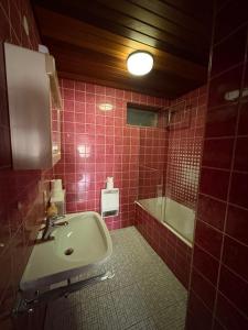 a red tiled bathroom with a sink and a tub at Ferienwohnung Freudenberg in Freudenberg am Main
