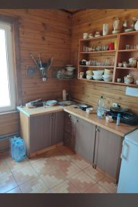 a kitchen with wooden walls and counters and a counter top at Akacia in Svityazʼ