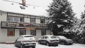 twee auto's geparkeerd voor een huis in de sneeuw bij Penzion Vanessa in Lipova Lazne