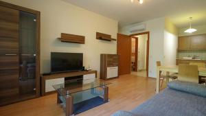 a living room with a couch and a tv and a table at Villa Palazzo Apartments in Siófok