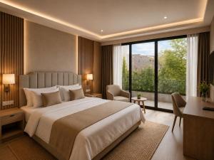 a bedroom with a large bed and a large window at Garslyan Boutique Hotel in Ninotsminda