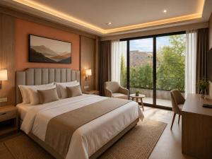 a bedroom with a large bed and a large window at Garslyan Boutique Hotel in Ninotsminda