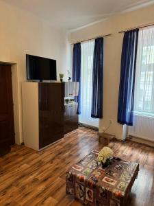 a living room with a television and blue curtains at Cozy studio near the Hot Spring in Karlovy Vary