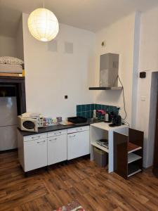 a kitchen with white cabinets and a counter top at Cozy studio near the Hot Spring in Karlovy Vary