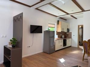 a kitchen with a refrigerator and a tv on a wall at Apartman Bor in Kiseljak