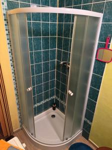 a shower in a bathroom with green tiles at Cozy studio near the Hot Spring in Karlovy Vary