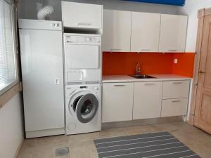 a kitchen with a washing machine and a refrigerator at Villa Loiste Himos Chalet with Hot Tub in Jämsä