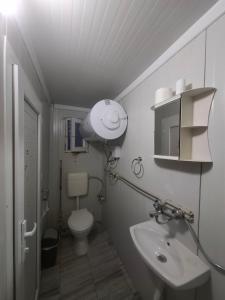 a bathroom with a white toilet and a sink at Blue and white in Pleven