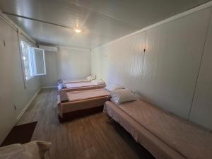 a room with three beds and a window at Blue and white in Pleven