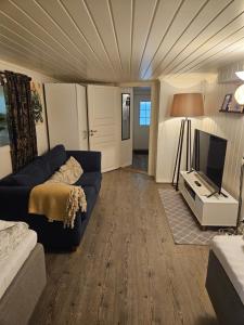 a living room with a blue couch and a tv at Sokkelleilighet rett ved Saltstraumen in Bodø