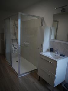 a bathroom with a glass shower and a sink at Caux Loc' du Manoir in Graincourt +20 photos