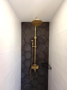a shower in a bathroom with white tiles at Nids des cigognes in Furchhausen +14 photos