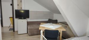a living room with a small table and a television at Lopofa in Lunca de Sus